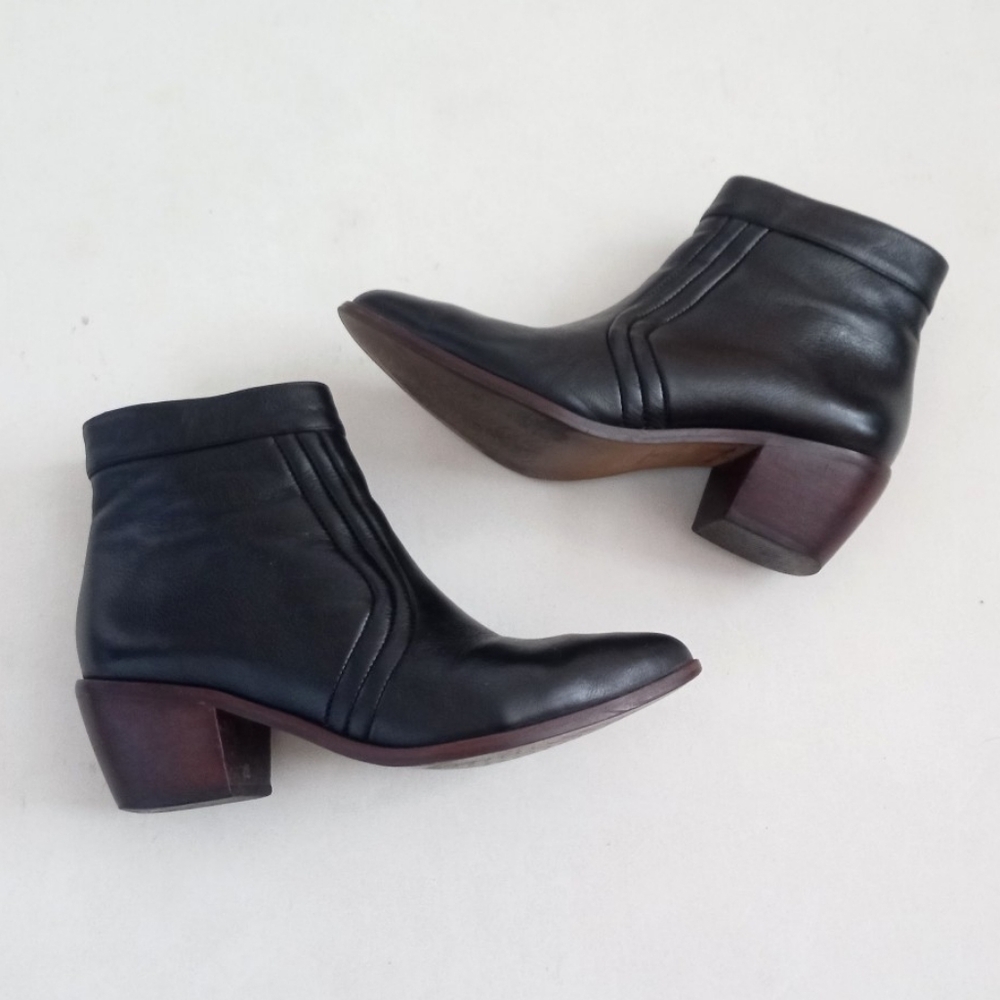 Anthropologie Black Leather Ankle Booties with Brown Stacked Heel